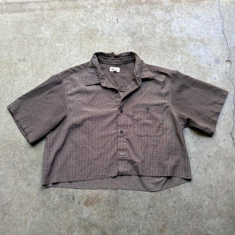 Vintage Haggar brown silk button up short sleeve shirt Mens Size Large
